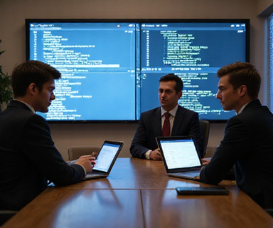Lawyers discussing technology contracts