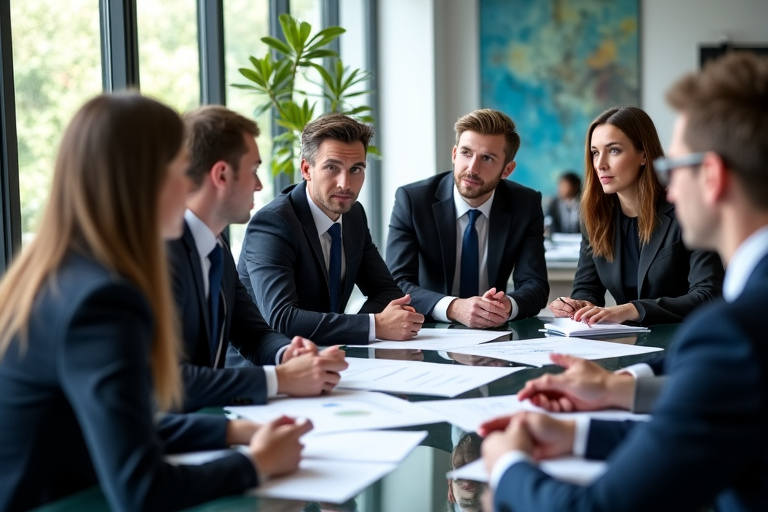 Team of corporate lawyers discussing documents in modern office