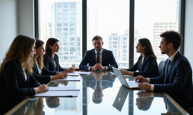 Corporate executives in a meeting discussing legal strategy