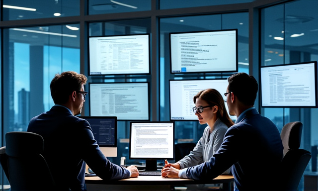 Legal team reviewing documents in a high-tech office