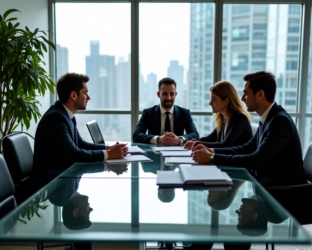 Corporate lawyers discussing documents in a modern office
